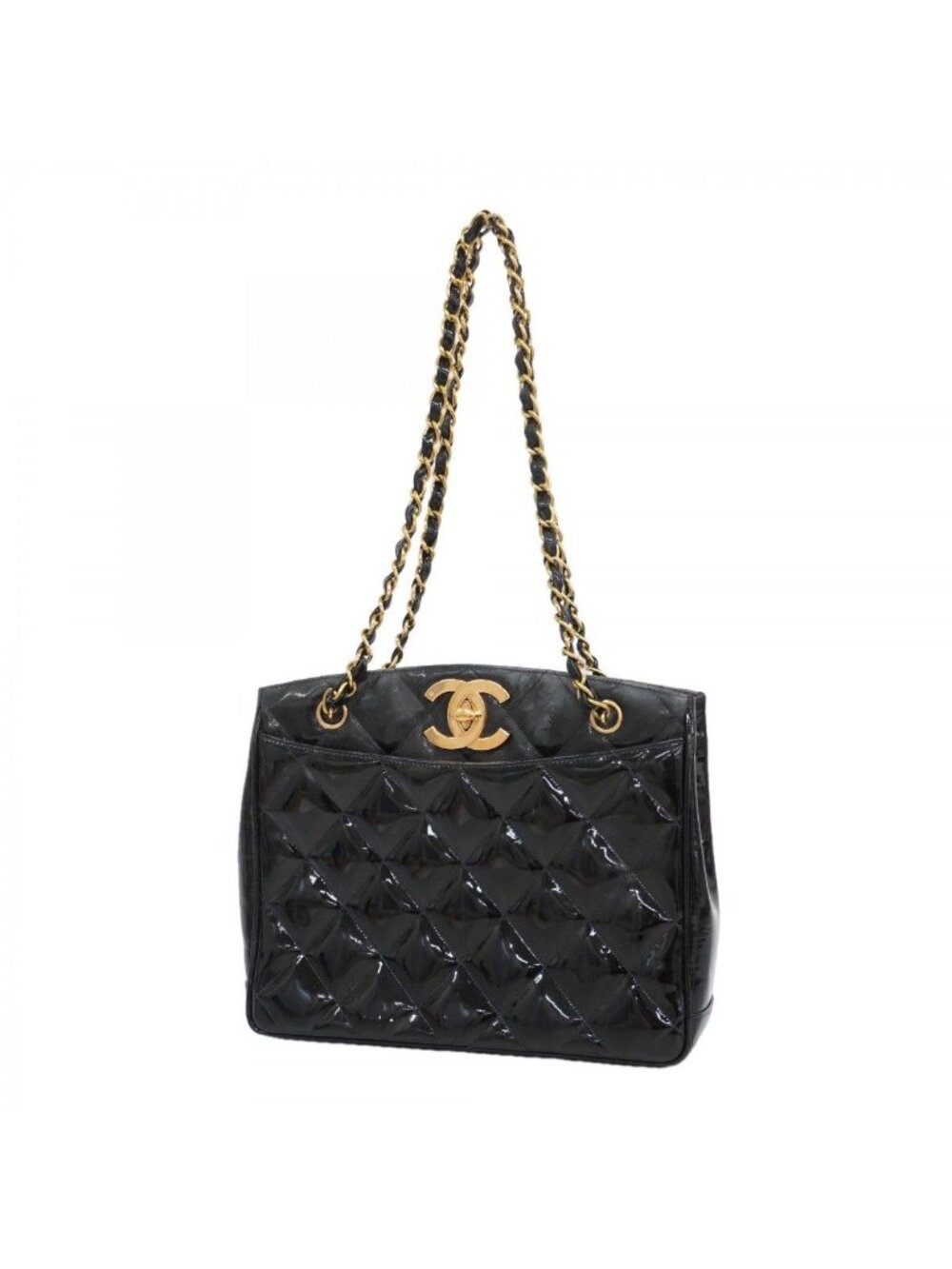 Chanel Shoulder Bag Quilted Jumbo CC Logo Patent Leather Black Gold